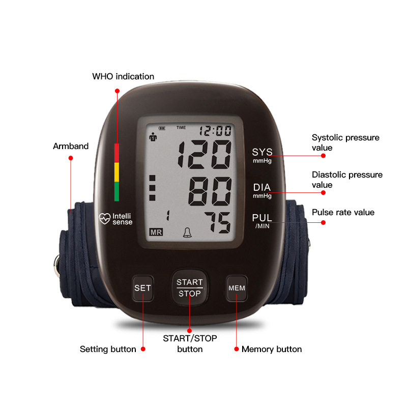 Monitor de presión arterial de la máquina Digital BP del brazo superior barato con adaptador y batería